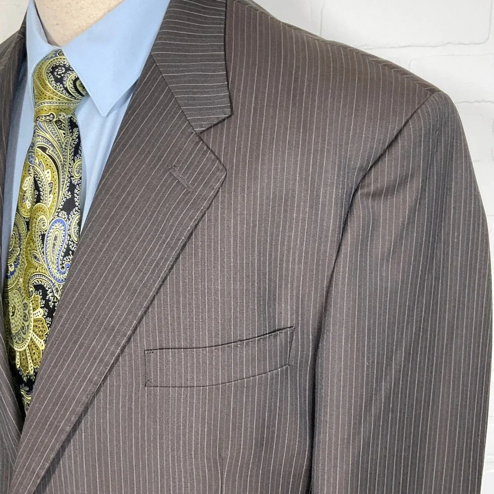 Bachrach Suit Men‎ 46R 38W26L Brown Pinstripe Italy